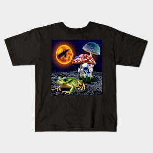 90's style frog with astronaut and crow Kids T-Shirt